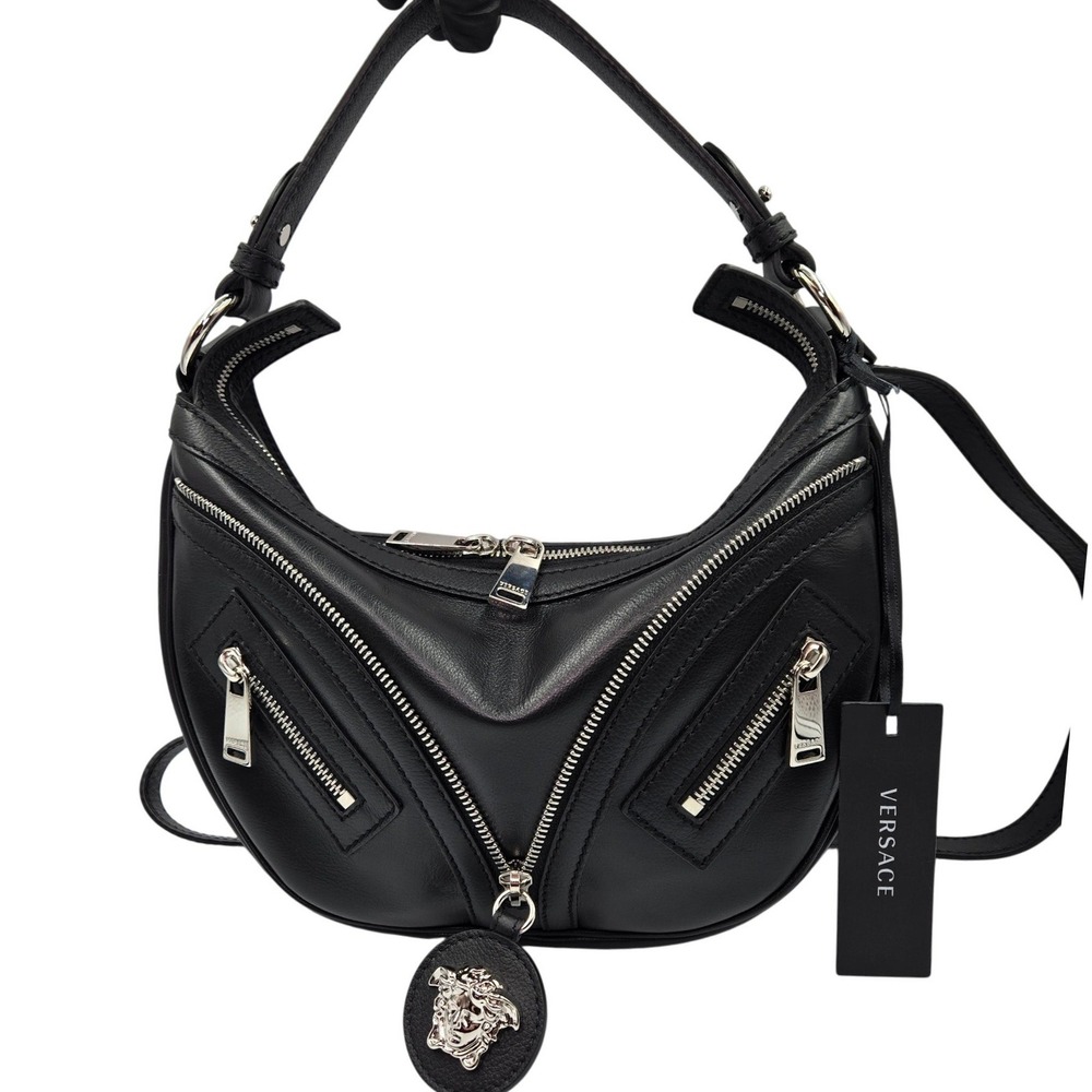 NWT Versace Repeat Small Hobo Bag Black Leather Medusa Biker Zipper - Picture 8 of 10